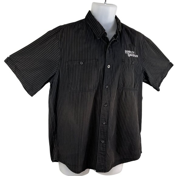 Harley-Davidson Mens L Black Striped Short Sleeve Button-Up Mechanic Shirt Biker - Picture 4 of 16